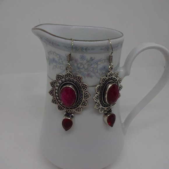 Fancy "SIMULATED RUBY" Handmade Sterling Dangle Earrings #517 - Picture 3 of 3